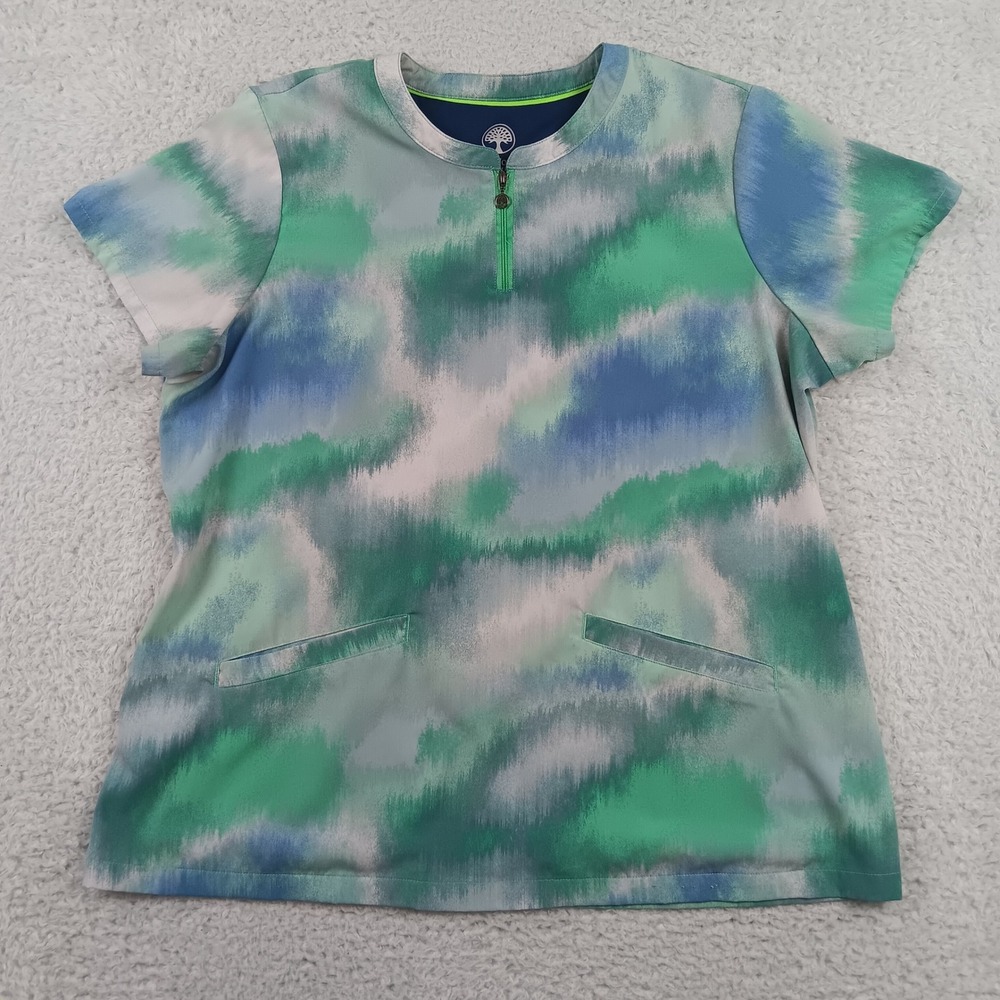HH Works Scrub Top Ivy Women XL Green Multi Abstract Zip Neck HH911